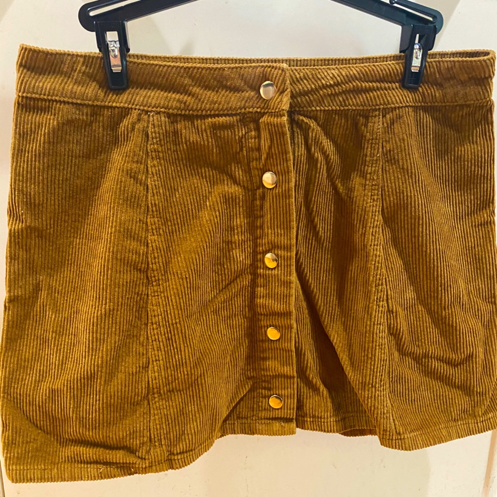 Cognac corduroy snap-front mini skirt